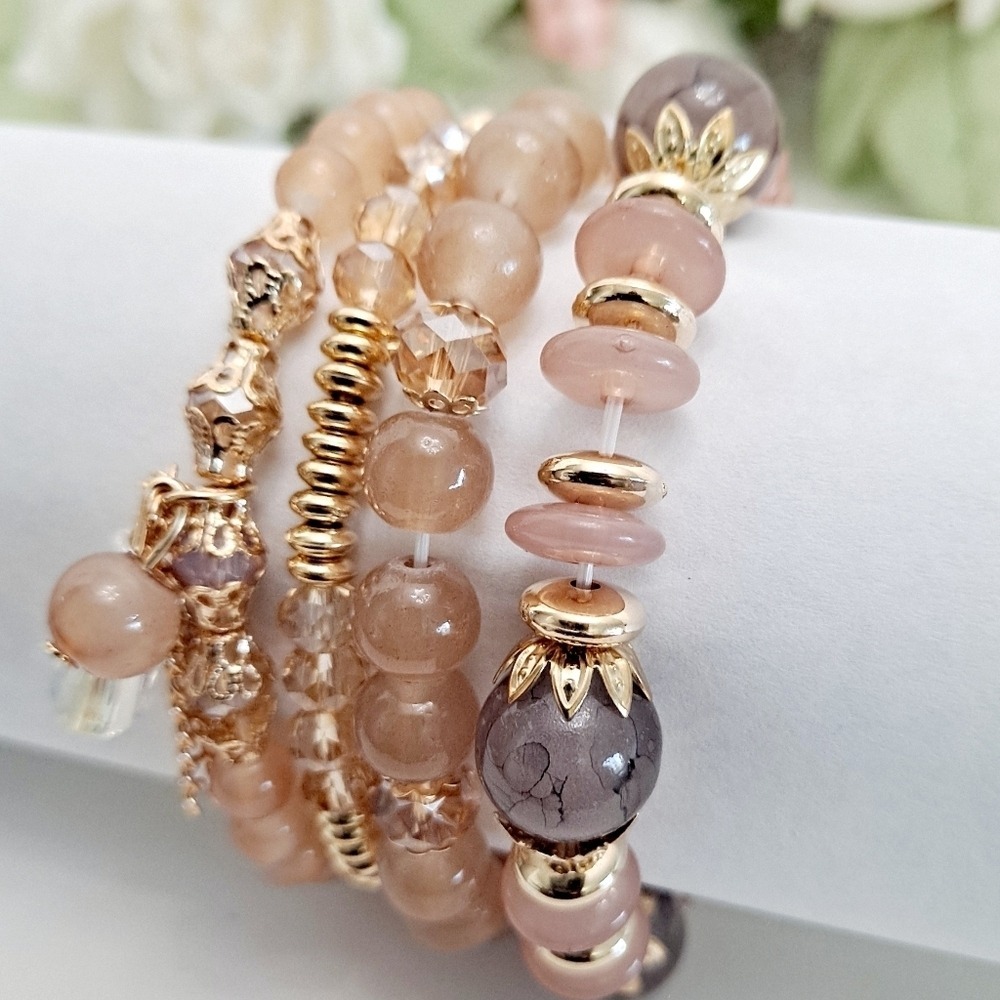 Boho Elastic Beaded gold pink Charm Bracelet Stretch multilayer set 💖2/$30 - Picture 6 of 11